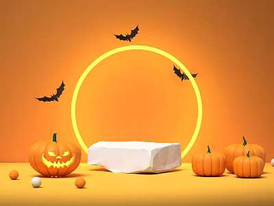 Halloween Themed Commercial Display Stand with Pumpkins Bats and Yellow Circle on Orange Background 3d model