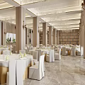 Luxurious Banquet Hall Interior With Crystal Chandeliers White Tables And Chairs