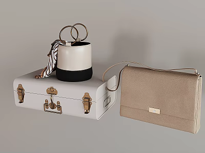 White Travel Trunk with Brass Latches Black White Striped Bucket Bag and Beige Handbag 3d model