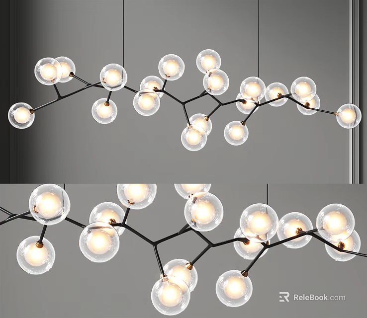 Modern Branched Chandelier With Spherical Glass Shades And Black Metal Frame For Interior Lighting 3d model 