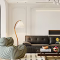 Modern Living Room Dining Area With Leather Sofa Wooden Floor Green Plant And Pendant Light