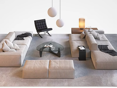 Modern Sofa Coffee Table Combination With Light Colored Seats Glass Topped Table And Accent Chair 3d model