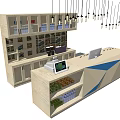 Modern Reception Desk With Beige Blue Geometric Design Countertop Equipment And Shelves Hanging Lights