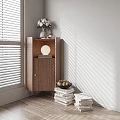 Wooden Decorative Cabinet with Round Ornament Vase Flowers Book Stack and Window Blind Shadows