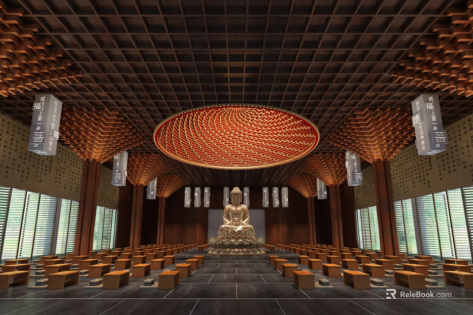 Buddhist Temple Interior With Buddha Statue Wooden Ceiling Circular Red Decoration And Prayer Benches 3d model 