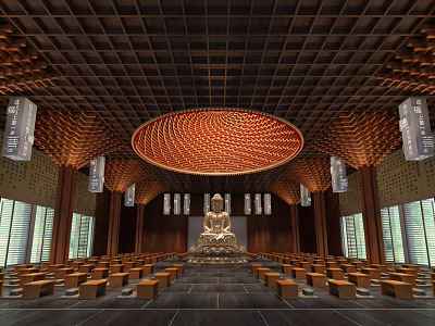 Buddhist Temple Interior With Buddha Statue Wooden Ceiling Circular Red Decoration And Prayer Benches 3d model