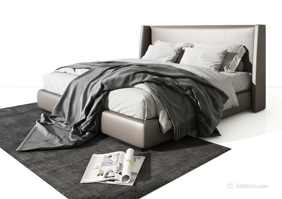 Modern Double Bed with Headboard White Sheets Gray Blanket Pillows on Rug and Magazine 3d model 