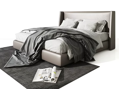 Modern Double Bed with Headboard White Sheets Gray Blanket Pillows on Rug and Magazine 3d model