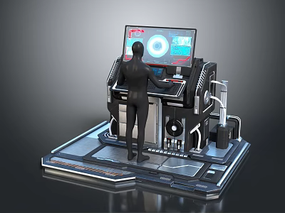 Futuristic High Tech Control Station With Multiple Screens Interface And Black Human Figure 3d model
