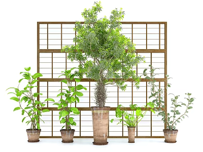 Bonsai Potted Plants Display With Metal Grid Backdrop And Clay Pots 3d model
