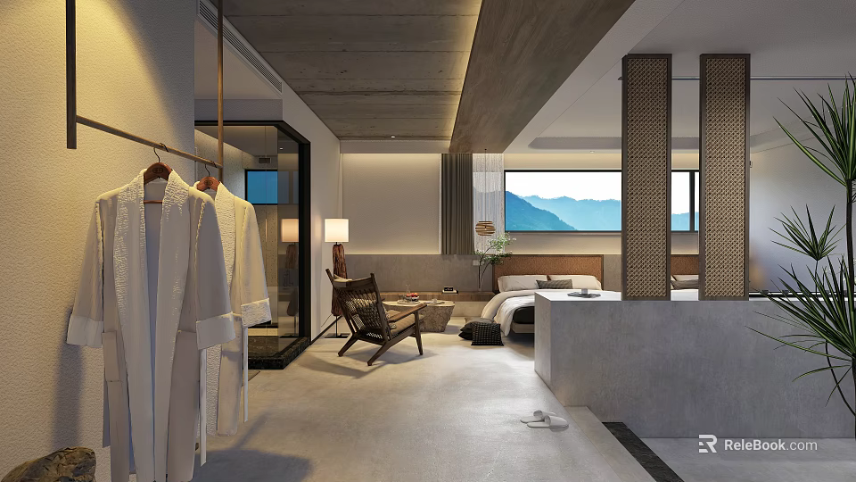 Minimalist Hotel Guest Room Interior With King Bed Sofa Chair And Mountain View Window 3d model 
