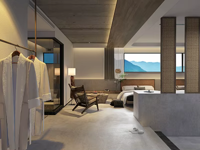 Minimalist Hotel Guest Room Interior With King Bed Sofa Chair And Mountain View Window 3d model