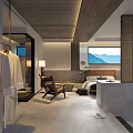 Minimalist Hotel Guest Room Interior With King Bed Sofa Chair And Mountain View Window