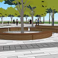 Geometric Stone Plaza Paving With Trees Fountains Benches People Walking And Resting
