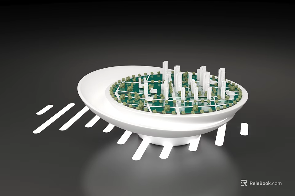 Circular Urban Model With Green Area And White High Rise Buildings On Radial Base 3d model 