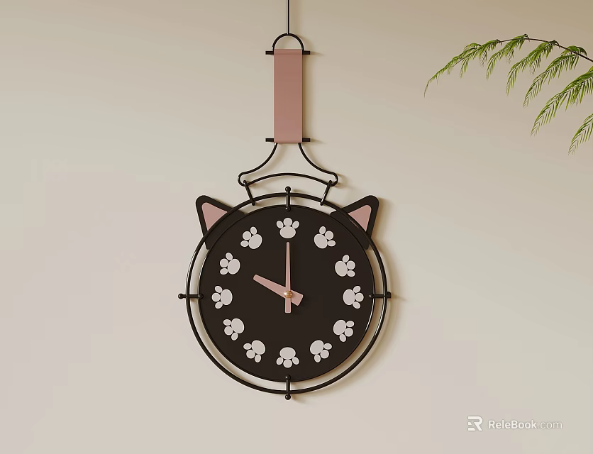 Cat Ear Shaped Wall Clock With Paw Prints And Hanging Strap For Home Decor 3d model 