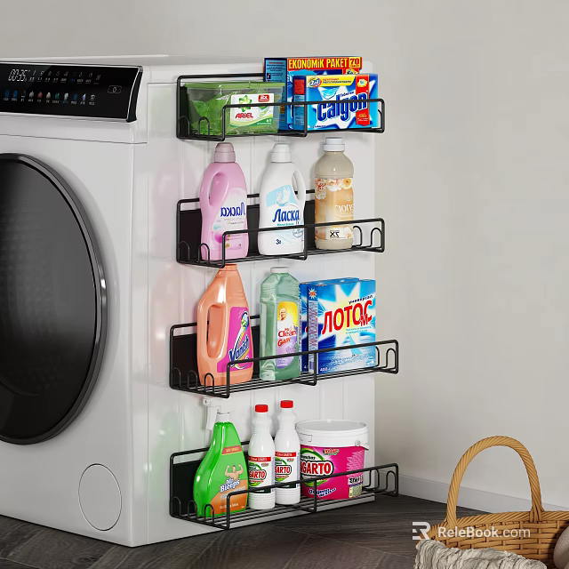 Bathroom Accessories Wall Mounted Storage Shelves With Cleaning Supplies Next To Washing Machine 3d model 