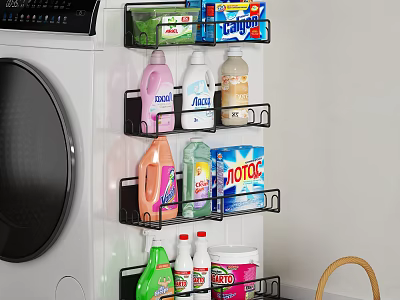 Bathroom Accessories Wall Mounted Storage Shelves With Cleaning Supplies Next To Washing Machine 3d model