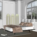 Modern Double Bed With Gray Padded Headboard Brown Pillows And White Bedroom Interior
