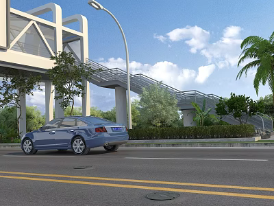 Urban Road Infrastructure Featuring Pedestrian Overpass Street Lamp Blue Car and Greenery 3d model