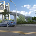 Urban Road Infrastructure Featuring Pedestrian Overpass Street Lamp Blue Car and Greenery