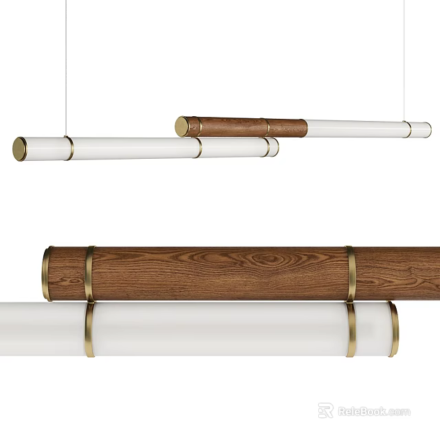 Modern Linear Chandelier With Wooden And White Cylinder Shades And Brass Accents 3d model 