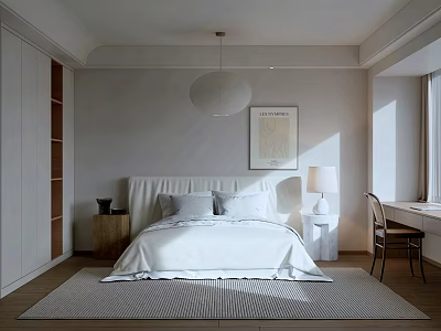 Modern Bedroom Interior With White Bed Pendant Light Bedside Table Chair And Area Rug 3d model