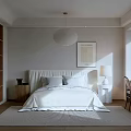 Modern Bedroom Interior With White Bed Pendant Light Bedside Table Chair And Area Rug
