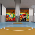 Indoor Basketball Court Interior With Vibrant Murals And Basketball Hoop