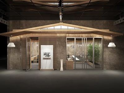 Modern Hotpot Restaurant Exterior Design With Wooden Glass Facade Entrance Lighting And Bamboo Plants 3d model