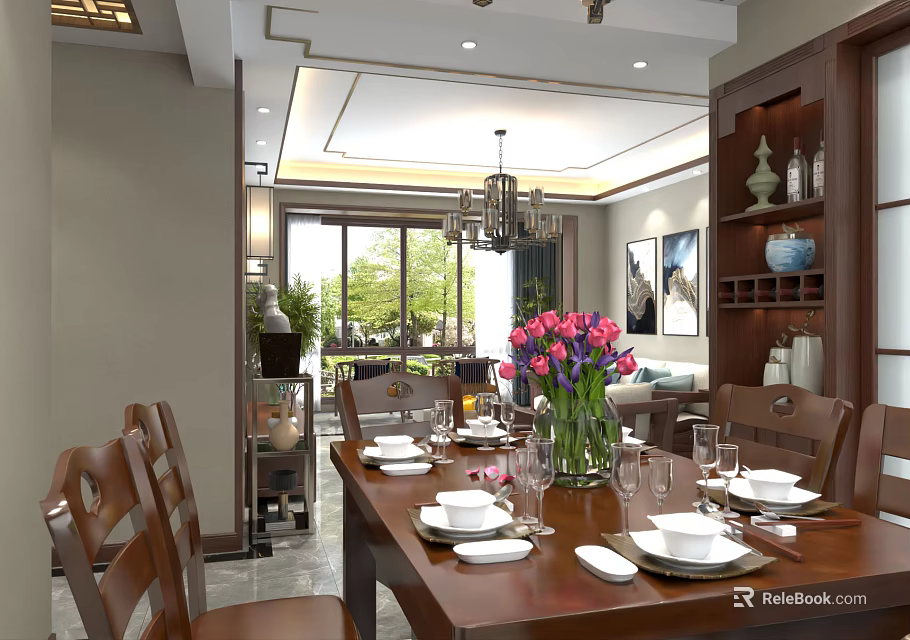 Dining And Living Room Interior Design With Wooden Table Tableware Pink Flower Vase Chandelier And Sofa 3d model 