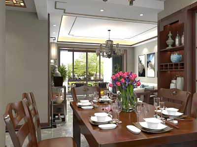 Dining And Living Room Interior Design With Wooden Table Tableware Pink Flower Vase Chandelier And Sofa 3d model