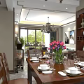 Dining And Living Room Interior Design With Wooden Table Tableware Pink Flower Vase Chandelier And Sofa