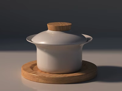Elegant White Ceramic Tea Set with Wooden Lid and Round Wooden Tray 3d model