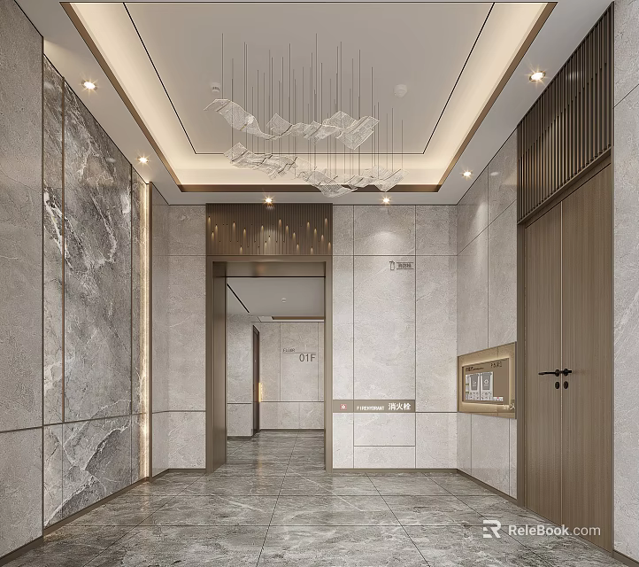 Luxury Modern Elevator Lobby Design With Marble Walls Ceiling Lights And Wooden Door 3d model 