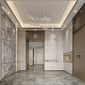 Luxury Modern Elevator Lobby Design With Marble Walls Ceiling Lights And Wooden Door