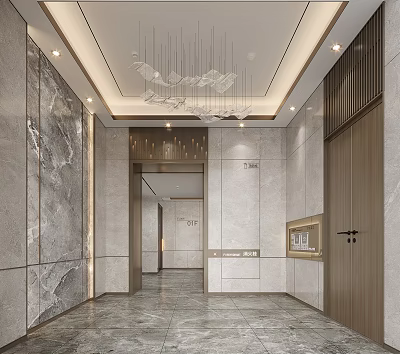 Luxury Modern Elevator Lobby Design With Marble Walls Ceiling Lights And Wooden Door 3d model