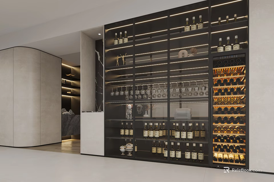 Modern Wine Cabinet With Glass Doors Display Shelves Wine Bottles Wine Glasses And Lighting 3d model 