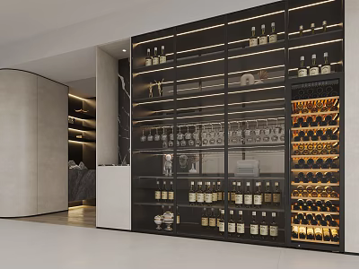 Modern Wine Cabinet With Glass Doors Display Shelves Wine Bottles Wine Glasses And Lighting 3d model