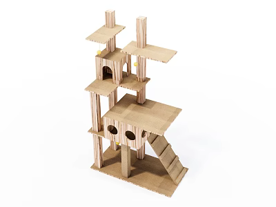 Natural Wooden Multi Level Cat Tree With Platforms Holes And Ladder 3d model
