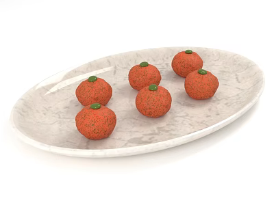 Elegant Dinnerware Set Featuring Oval White Marble Plate With Five Orange Fruits Green Top 3d model