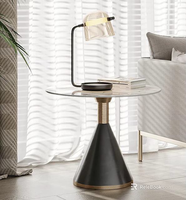 Modern Side Table with Round Glass Top Black Cone Base Table Lamp and Books 3d model 