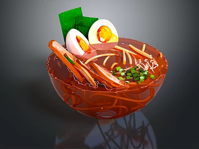 Delicious Ramen Bowl With Soft Boiled Eggs Meat And Green Onions In Red Broth 3d model