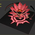 Vibrant Red Blooming Lotus Flower With Glowing Accents On Black Square Base