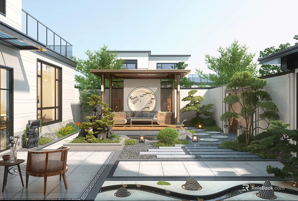 Traditional Modern Courtyard Garden With Pavilion Water Feature Greenery And Stone Pathway Design 3d model 