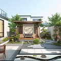 Traditional Modern Courtyard Garden With Pavilion Water Feature Greenery And Stone Pathway Design