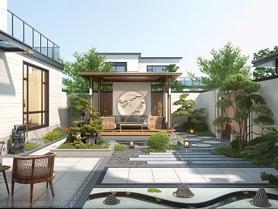 Traditional Modern Courtyard Garden With Pavilion Water Feature Greenery And Stone Pathway Design 3d model