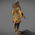 Game Movie Character With Gray Hair Beard Ornate Golden Decor Outfit Dark Pants Golden Shoes