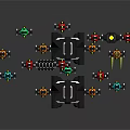 Mechanical Characters With Central Black Yellow Structure And Surrounding Colorful Small Creatures