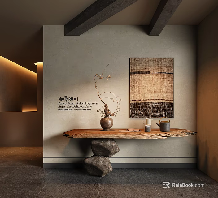 Minimalist Foyer Design With Wooden Console And Natural Decor 3d model 